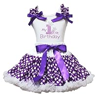 Petitebella My 1st Birthday White Shirt Purple Polka Dot Skirt Outfit Set 1-8y