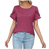 Women Tops and Blouses 2024 Summer Casual T Shirt Ruffle Petal Sleeve Crewneck Tee Loose Plain Tunic Basic Shirts