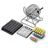 Bingo Game Set,8 Inch Metal Cage with Master Board,75 Multicolored Balls,150 Bingo Chips and 18 Bingo Cards, Ideal for Large Group Casino Game Set