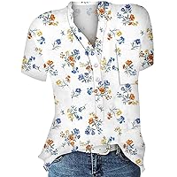 Women's Summer Tops Casual Printed V-Neck Short Sleeved Shirt Pullover Loose Blouse Tops, S-3XL