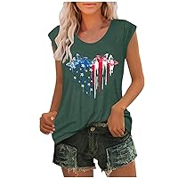 Patriotic Cap Sleeve T-Shirts Women Funny Love Heart Print American Flag Tee Tops July 4th Independence Day Blouses