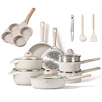 CAROTE 17pcs Pots and Pans Set, Nonstick Cookware Sets, Large Capacity Granite Pots Set with Egg Pans, Beige