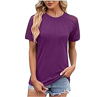 Summer Tops for Women Crewneck Lace Crochet Short Sleeve Shirts Solid Color Stretch Casual Dressy Blouses Tees
