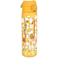 Ion8 Steel Water Bottle, 600 ml/20 oz, Leak Proof, Easy to Open, Secure Lock, Dishwasher Safe, Flip Cover, Fits Cup Holders, Carry Handle, Durable, Scratch Resistant, Raised Print, Giraffes Design