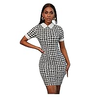 TINMIIR Summer dresses for Women 2022 Houndstooth Print Contrast Collar Bodycon Pencil Dress (Size : Small)