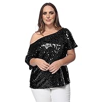 Anna-Kaci Women's Plus Size Sequin Sexy One Shoulder Short Sleeve Party Club Top,Black, 4X-Large