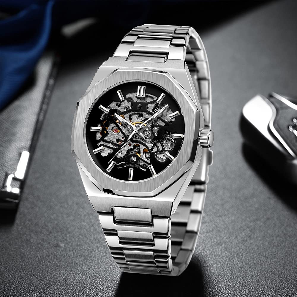 Tiong Mens Watch Luxury Skeleton Mechanical Stainless Steel Waterproof Black Automatic Self-Winding Wrist Watches for Men