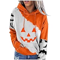 Hoodies Graphic Halloween Sweatshirts for Women Color Block Long Sleeve Casual Drawstring Pullover Top with Pockets
