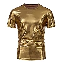 Men's Metallic T-Shirt Round Neck Short Sleeves Shining Disco Tee TopMusic Festival Outfits T-Shirts Club Party Top