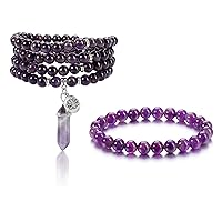 Bundle of Jovivi 108 Mala Beads Bracelet 8mm Natural Amethyst Healing Crystal Stone Mala Prayer Bead Necklace Crystal Bracelets for Women Men
