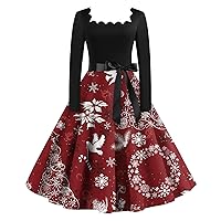 Red Dress Women Women's Casual Fashion Christmas Printed Square Neck Vintage Dresses