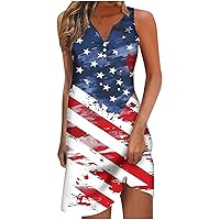 American Flag Star Striped Mini Dress Women 4th of July Sundress Summer Button V Neck Sleeveless Henley Shirt Dress