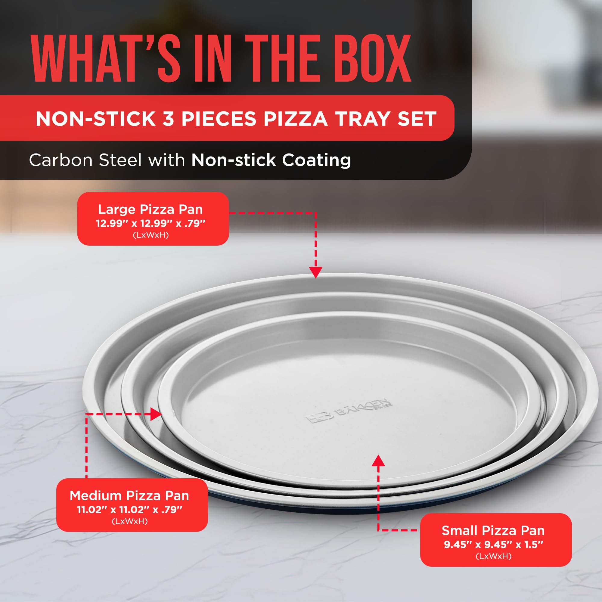 Bakken- Swiss Pizza Tray Set 3-Piece – Gray Ceramic Coating, Non-Stick, Round Steel Pizza Pans - Dishwasher Safe, Premium Bakeware for Home Cooking Heatly coating