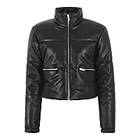 Ladies Puffer Leather Jacket Short Body Black Soft Padded Winter Puffy Jacket 5487