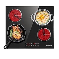 Electric Cooktop 24 Inch, 4 Burner Electric Stove Top Drop-in 220V-240V, 24 Inch large Ceramic Stovetop with Ceramic Glass, Timer, Kids Safety Lock, 9 Heating Level, 220V Hard Wired (No Plug)