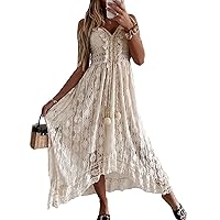 Womens Spaghetti Strap Maxi Dress V Neck Backless Crochet Lace Party Wedding Boho Dresses 2024 Summer