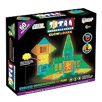 Tytan Tiles Glow in The Dark 60-Piece Magnetic Tiles Building Set, Diverse Multi-Color Shapes, STEM Toy, Cars, Creative Play, Storage Bag & UV Keychain Flashlight for Drawing on Tiles, Ages 3 and Up