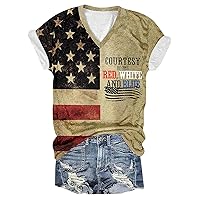 Courtesy of The Red White and Blue Letter Shirts Women Vintage 4th of July T-Shirt USA Flag Short Sleeve V Neck Tops