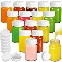 16 Pack 2.5 Oz Wide Mouth Juice Shot Bottles with 16 Sealed Press Screw Caps & 8 Airtight Lids! Small Glass Ginger Shot Bottles for Oil, Ginger, Travel Bottle, Reusable and Dishwasher Safe