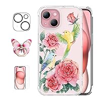 ROSEPARROT Designed for iPhone 15 Case with Tempered Glass Screen Protector + Camera Lens Protector,Clear with Floral Pattern Design,Shockproof Protective Cover,6.1