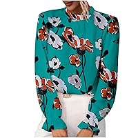 Women Frill Trim Mid Neck 2023 Casual Boho Tops Lantern Long Sleeve Floral Abstract Print Loose Fashion Shirts