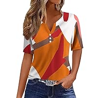 Beach Tunic Fall Shirt Womans Basic Long Sleeve V Neck Fitted Blouses Women's with Buttons Print Cotton Soft Orange L