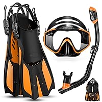 Odoland Kids Snorkeling Packages Snorkel Set, Anti-Fog and Anti-Leak Dry Top Snorkel Mask with Adjustable Swim Fins for Boys and Girls Age 7-14