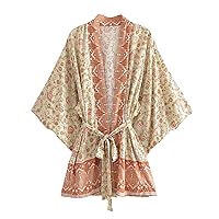 Beach Style Batwing Sleeve Belt Robe Floral Print Casual Women Summer Beach Cover Ups Swimnwear Bohemian Kimono