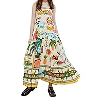 Women Boho Cami Long Dress Spaghetti Strap A Line Flowy Sundress Sleeveless Graffiti Print Maxi Dress Clubwear