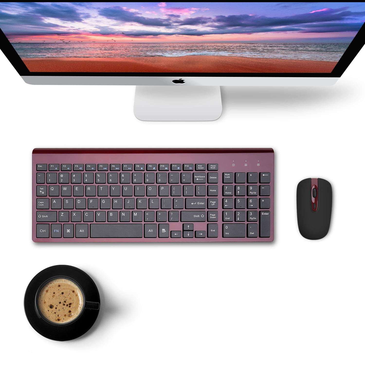 Wireless Keyboard and Mouse Combo, cimetech Compact Full Size Wireless Keyboard and Mouse Set 2.4G Ultra-Thin Sleek Design for Windows, Computer, Desktop, PC, Notebook - (Wine red)