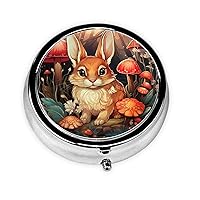Rabbit and Mushroom Print Round Pill Box Cute Mini Metal Pill Case with 3 Compartment Portable Travel Pillbox Medicine Organizer for Pocket Wallet