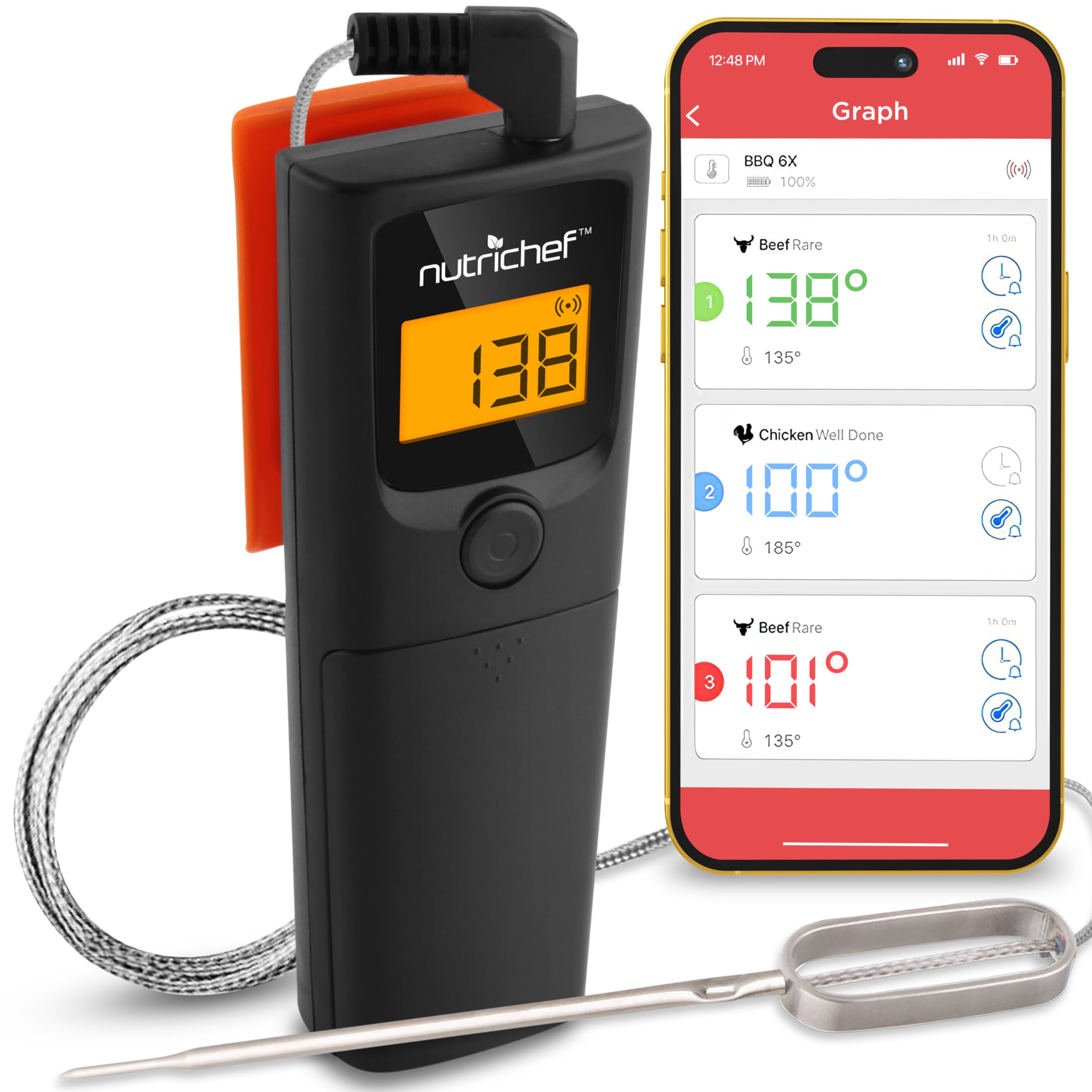 NutriChef PWIRBBQ90 Bluetooth Meat Thermometer - for Grilling Smart Wireless Kitchen Remote Instant Read BBQ Temperature Probe for Grill, Oven, Smoker, Cooking, Smoking Food w/Digital LCD Display