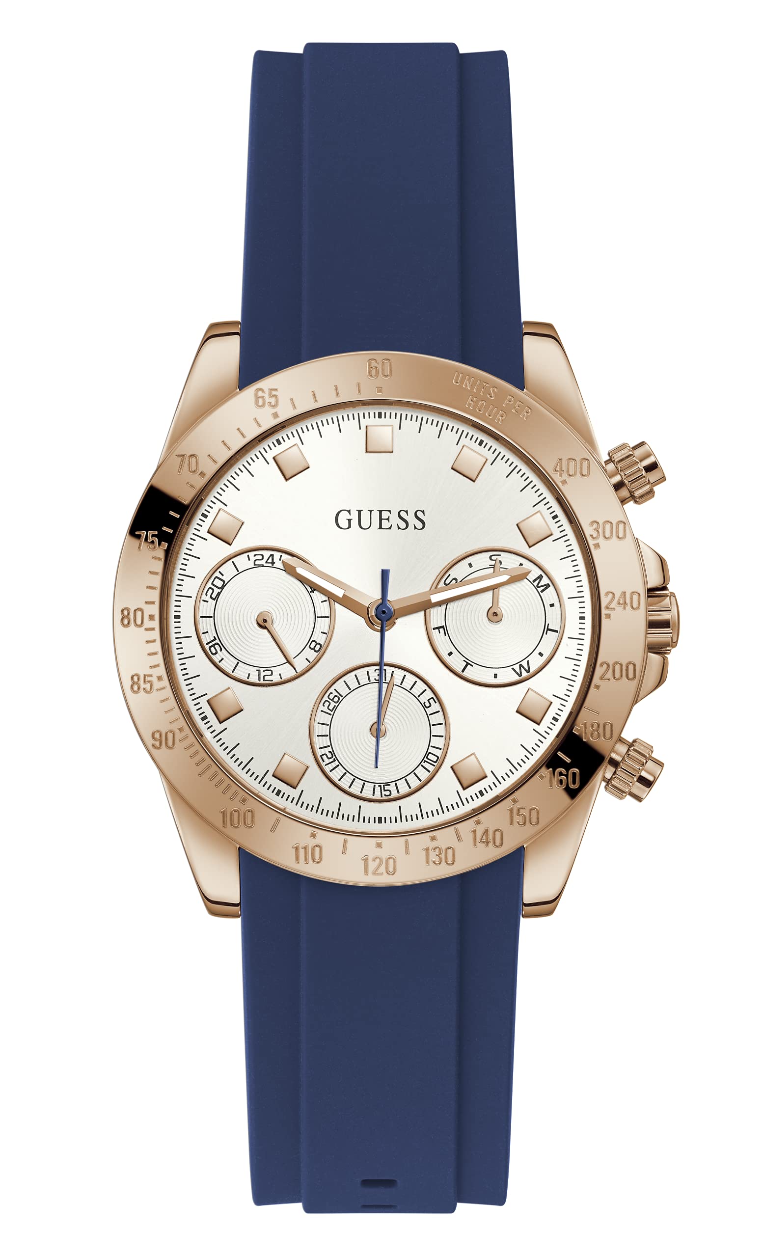 GUESS Women's Stainless Steel Quartz Watch with Silicone Strap, Blue, 20 (Model: GW0315L2)