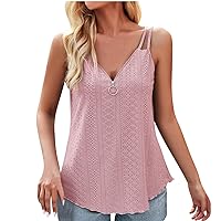 Flowy Tank Tops for Women Spaghetti Strap Eyelet Embroidery Loose Cami Shirts Zip V Neck Sleeveless Summer Camisole