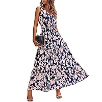 Summer Dresses For Women 2024 Trendy Vacation Floral Printed Boho Long Maxi Dresses Casual Sleeveless V Neck Beach Sundresses Sexy Party Prom Flowy Dress Formal Wedding Guest Dress(Ia Navy,Small)