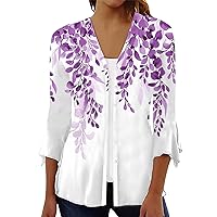 XHRBSI Summer Floral Printed 3/4 Sleeve Tops for Women Kimono Casual Loose Buttons V Neck Shirts Lightweitght Cardigan