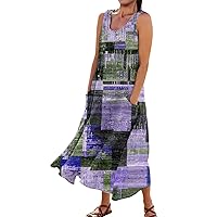 Long Sun Dresses for Women 2024 Vintage Dress for Women Fashion Print Casual Loose Flowy Beach Dresses Sleeveless U Neck Linen Dress with Pockets Purple Small