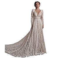 Women's Sexy Boho Wedding Dress with Detachable Long Sleeve A Line Deep V Neck Lace Backless Bridal Gown