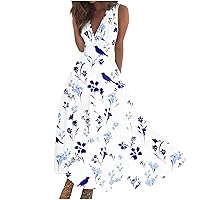 Flowy Elegant High Waist Beach Dresses Women Flower Print A-Line Sundress Summer Wrap V Neck Sleeveless Maxi Dress