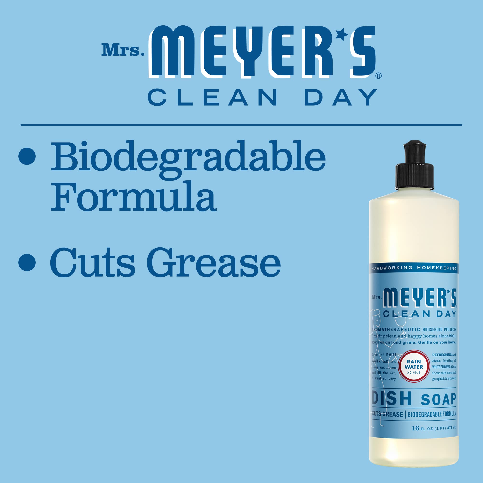 MRS. MEYER'S CLEAN DAY Liquid Dish Soap, Biodegradable Formula, Rain Water, 16 fl. oz - Pack of 3
