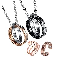 Feraco His Hers Matching Set Necklace For Couples & Copper Rings Set Titanium Stainless Steel Promise Love Pendant Necklaces Gifts for Anniversary