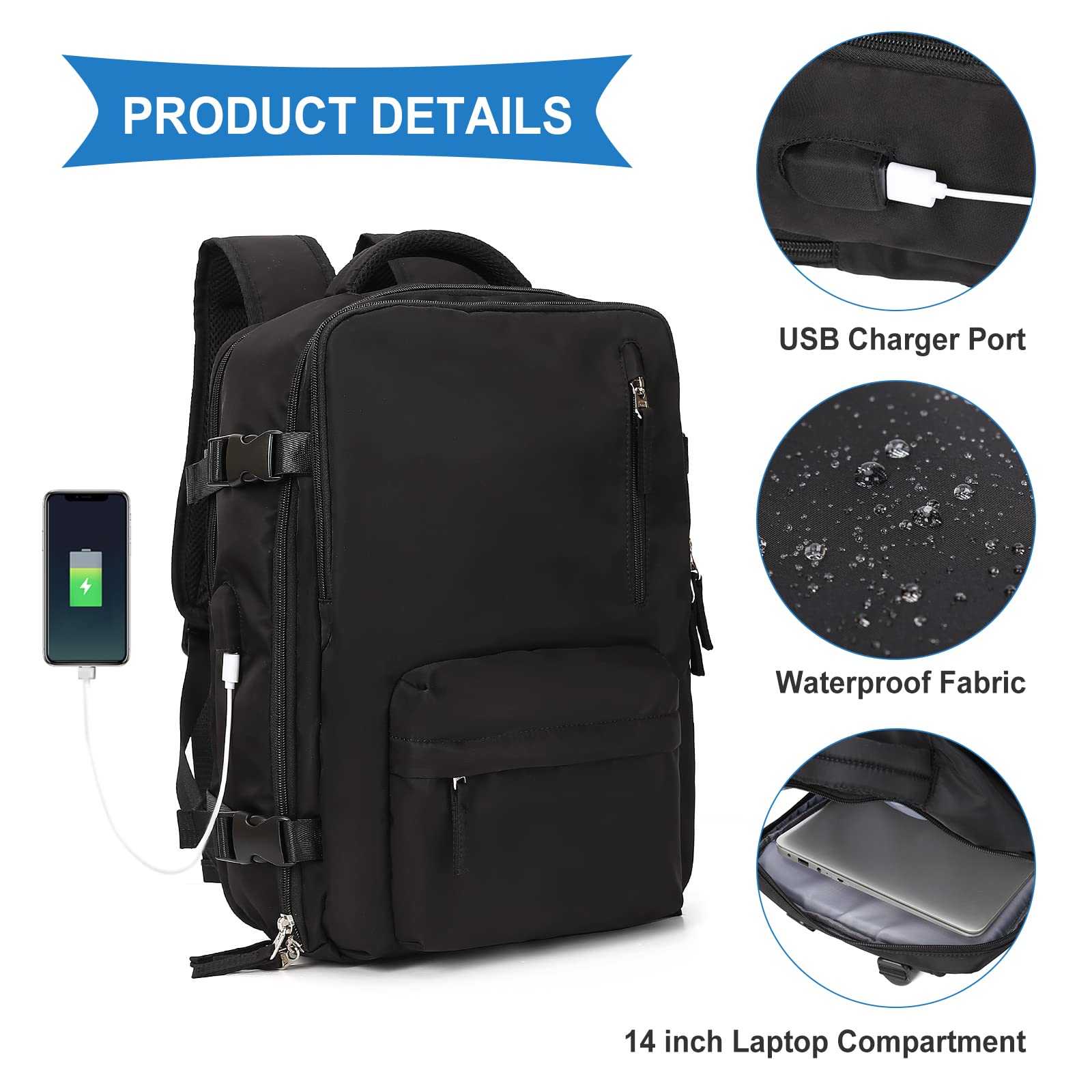 Large Travel Backpack Women, Carry On Backpack,Hiking Backpack Waterproof Outdoor Sports Rucksack Casual Daypack Fit 14 Inch Laptop with USB Charging Port Shoes Compartment, Black