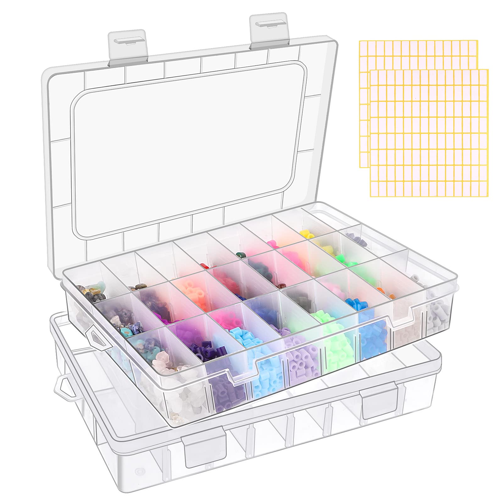 2 Pack 24 Grids Clear Plastic Organizer Box, Storage Container with Adjustable Divider, Craft Organizers and Storage Bead Storage Organizer Box for DIY Jewelry Tackles with 2 Sheets Label Stickers