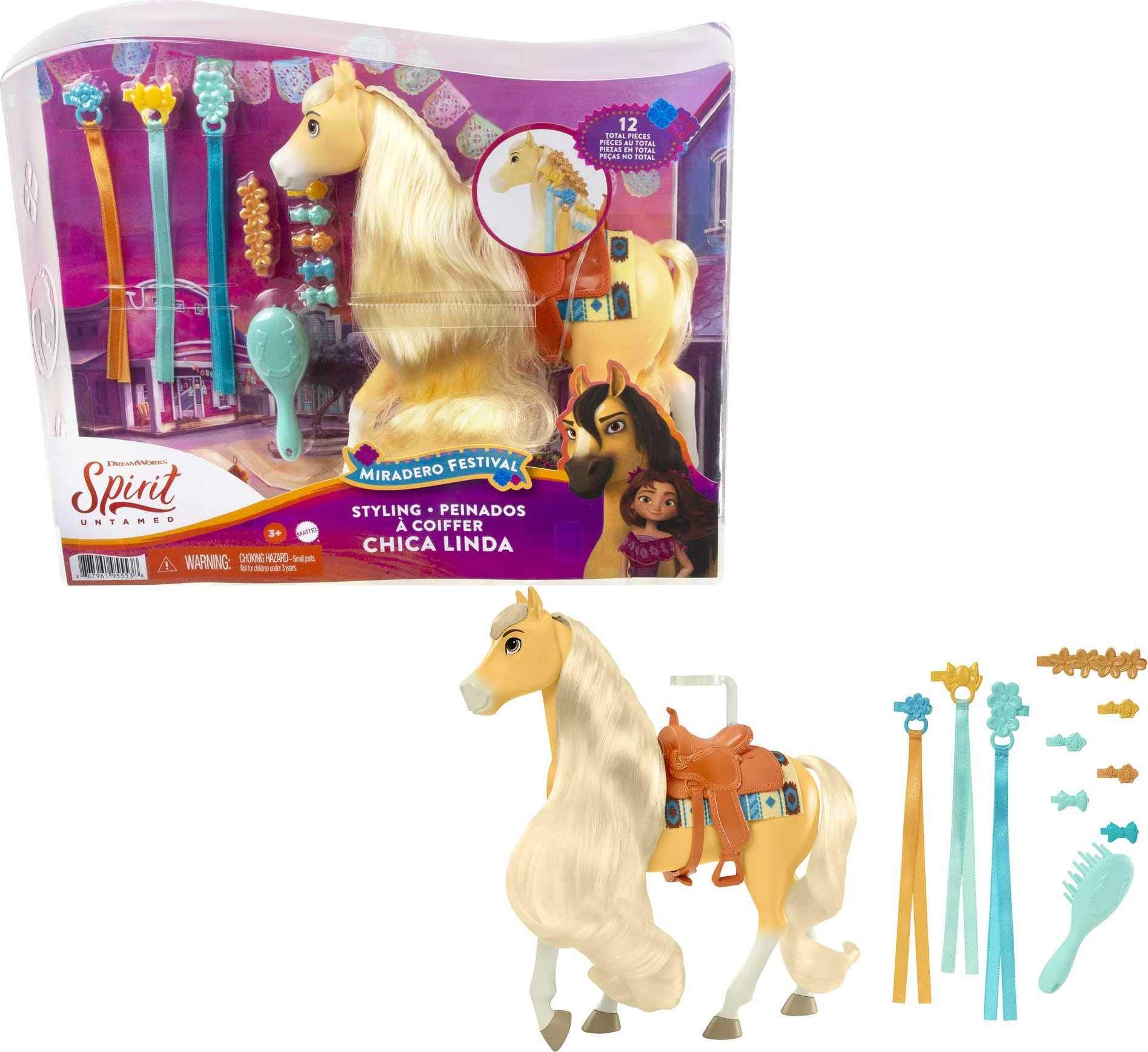Mattel Spirit Untamed Miradero Festival Styling Chica Linda Horse (8-in) with Long Mane and Tail & Hair Play Accessories, Great Gift for Ages 3 Years Old & Up