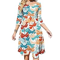 Dragonfly Midi Dresses for Women Tie Flared A-Line Swing 3/4 Sleeves Cute Sundress
