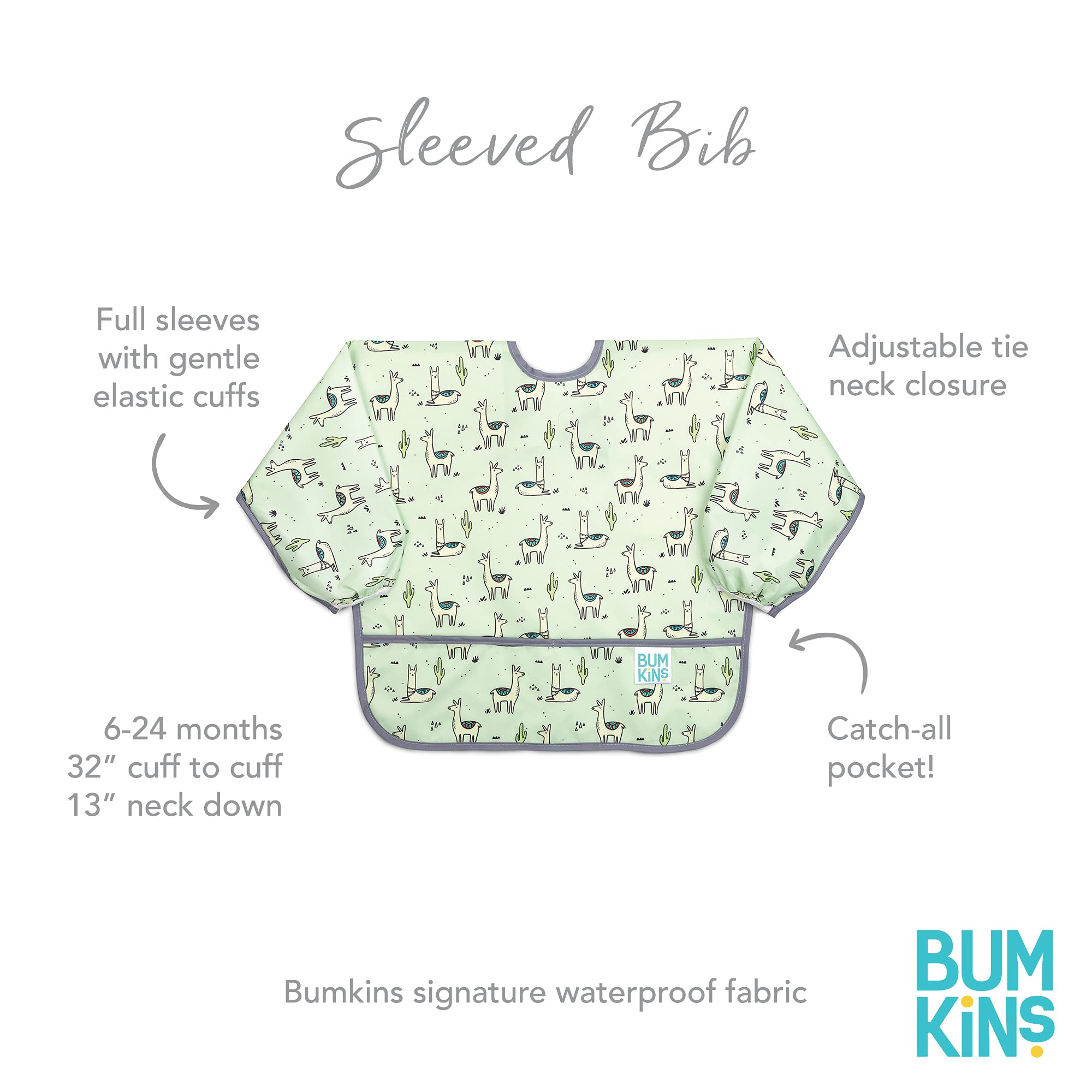 Bumkins Sleeved Bib Baby Bib, Toddler Bib, Smock, Waterproof Fabric, Fits Ages 6-24 Months
