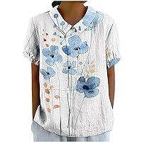 Funny Floral Peter Pan Collar Blouse Womens Short Sleeve Keyhole Back Cute Shirts Summer Preppy Casual Tee Tops