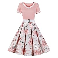 1950s Dresses for Women Vintage Rockabilly Short Sleeve V Neck Midi Dress Gingham Cocktail Party Evening Prom Gown