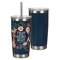 Christian Art Gifts Reusable Stainless Travel Mug Tumbler w/Straw for Women: Trust in the Lord Bible Verse, Double Wall Vacuum Insulated, Pop-up Lid, Hot/Cold, Cute Navy Blue Multicolor Floral, 18 oz.