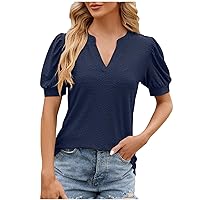 V Neck T Shirts for Women 2024 Fashion Puff Sleeve Tees Dressy Casual Summer Tops Comfy Lightweight Solid Tunic Blouses